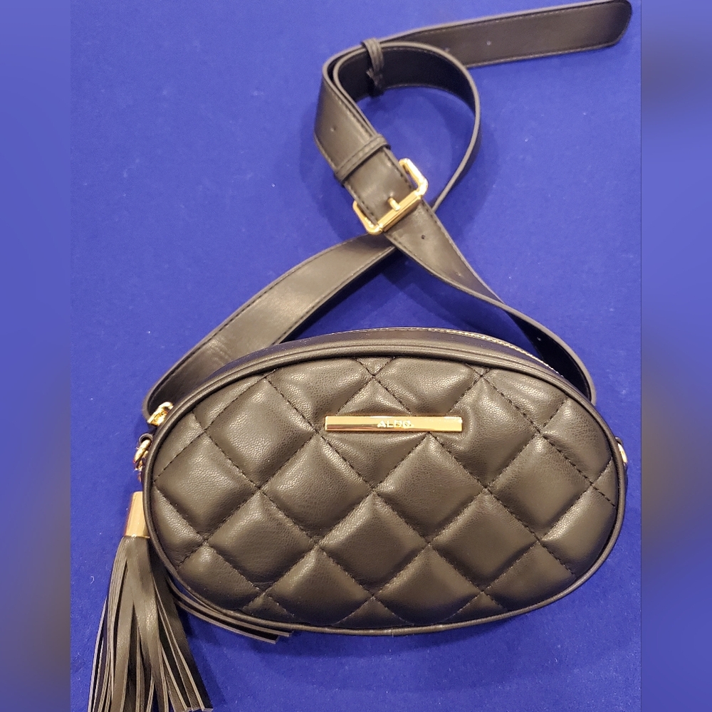 **SOLD**New- Aldo Quilted Black Vegan Leather/ Crossbody Bag with Gold Accents